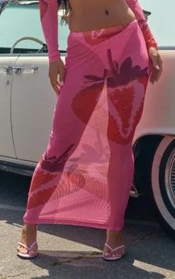 Pink Strawberry Printed Mesh Maxi Skirt