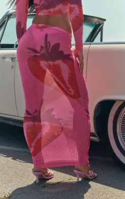 Pink Strawberry Printed Mesh Maxi Skirt