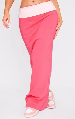 Pink Stretch Woven Foldover Detail Maxi Skirt