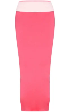Pink Stretch Woven Foldover Detail Maxi Skirt