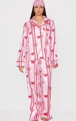 Pink Stripe Bow Print Satin Long Pj Set