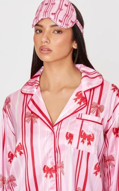 Pink Stripe Bow Print Satin Long Pj Set