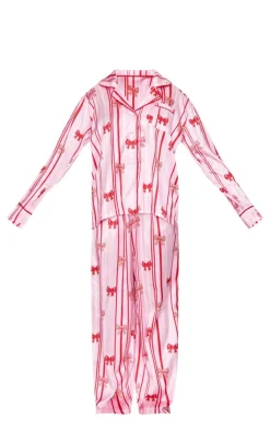 Pink Stripe Bow Print Satin Long Pj Set