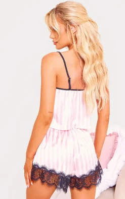 Pink Stripe Contrast Lace Satin Cami Short PJ Set