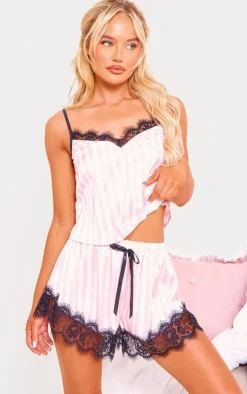 Pink Stripe Contrast Lace Satin Cami Short PJ Set