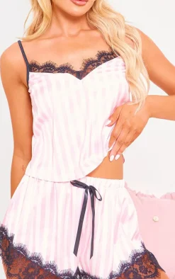 Pink Stripe Contrast Lace Satin Cami Short PJ Set