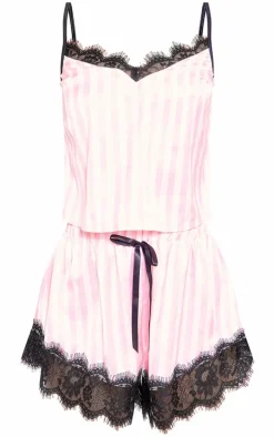 Pink Stripe Contrast Lace Satin Cami Short PJ Set