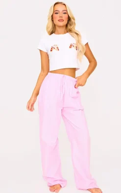 Pink Stripe Croissant Bow Long Pant Lace Detail Set