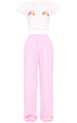 Pink Stripe Croissant Bow Long Pant Lace Detail Set