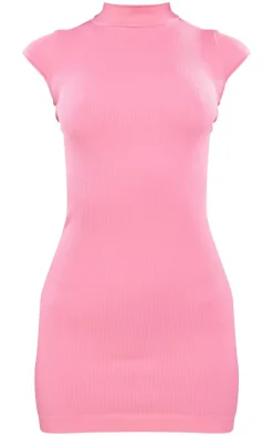 Pink Structured Snatched Rib Cap Sleeve Bodycon Dress