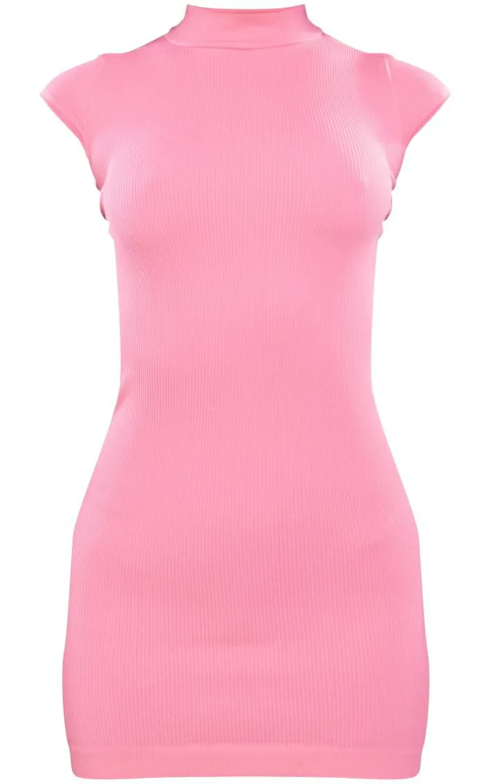 Pink Structured Snatched Rib Cap Sleeve Bodycon Dress