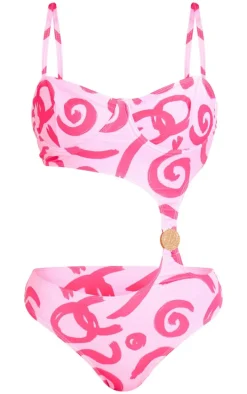 Pink Swirl Print Underwired Cut Out Swimsuit