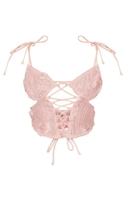 Pink Textured Floral Applique Cut Out Top