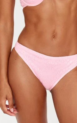 Pink Textured Floral High Leg Bikini Bottoms