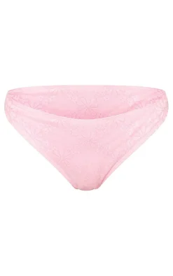 Pink Textured Floral High Leg Bikini Bottoms