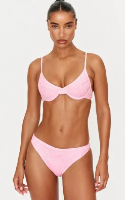 Pink Textured Floral Underwired Bikini Top