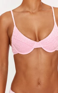 Pink Textured Floral Underwired Bikini Top