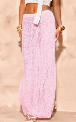 Pink Textured Jersey Split Side Maxi Skirt