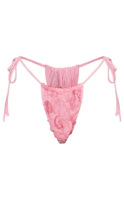 Pink Textured Mesh Tie Side Bikini Bottoms