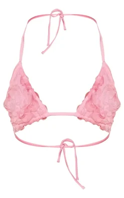 Pink Textured Mesh Triangle Bikini Top