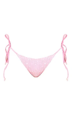 Pink Textured Overlay Tie Side Bikini Bottoms