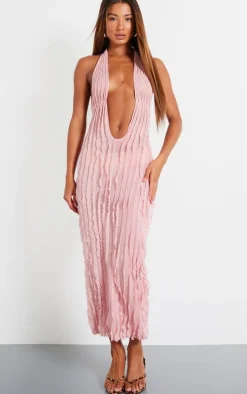 Pink Textured Plunge Front Midi Dress