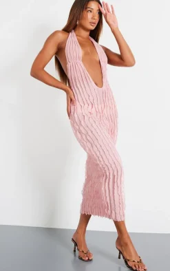 Pink Textured Plunge Front Midi Dress