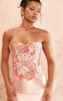 Pink Textured Sheer Floral Lace Corset