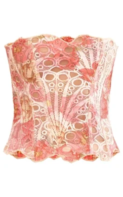 Pink Textured Sheer Floral Lace Corset