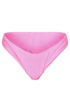 Pink Textured Stripe High Leg Bikini Bottoms