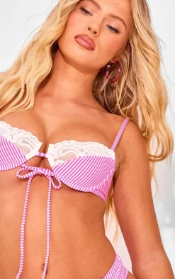 Pink Textured Stripe Underwired Bikini Top