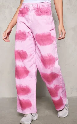 Pink Tie Dye Denim Wide Leg Jeans