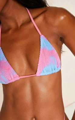 Pink Tie Dye Print Crinkle Triangle Bikini Top