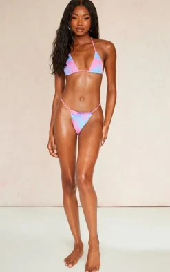 Pink Tie Dye Print Crinkle Tanga Bikini Bottoms