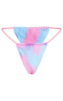 Pink Tie Dye Print Crinkle Tanga Bikini Bottoms