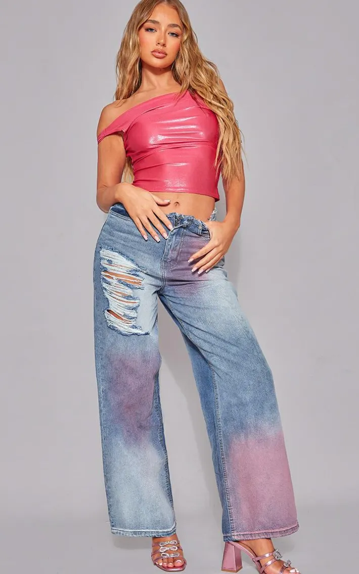 Pink Tint Vintage Wash Distressed Seam Detail Wide Leg Jeans