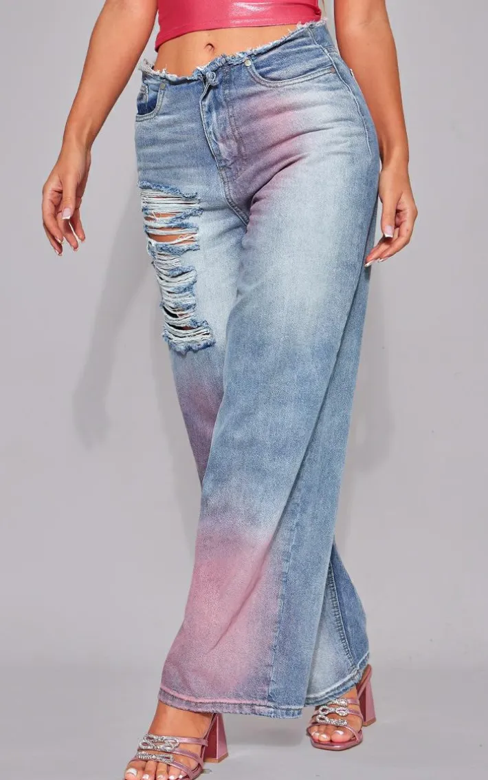 Pink Tint Vintage Wash Distressed Seam Detail Wide Leg Jeans
