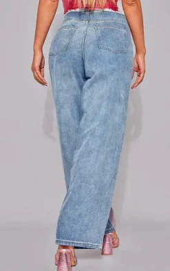 Pink Tint Vintage Wash Distressed Seam Detail Wide Leg Jeans