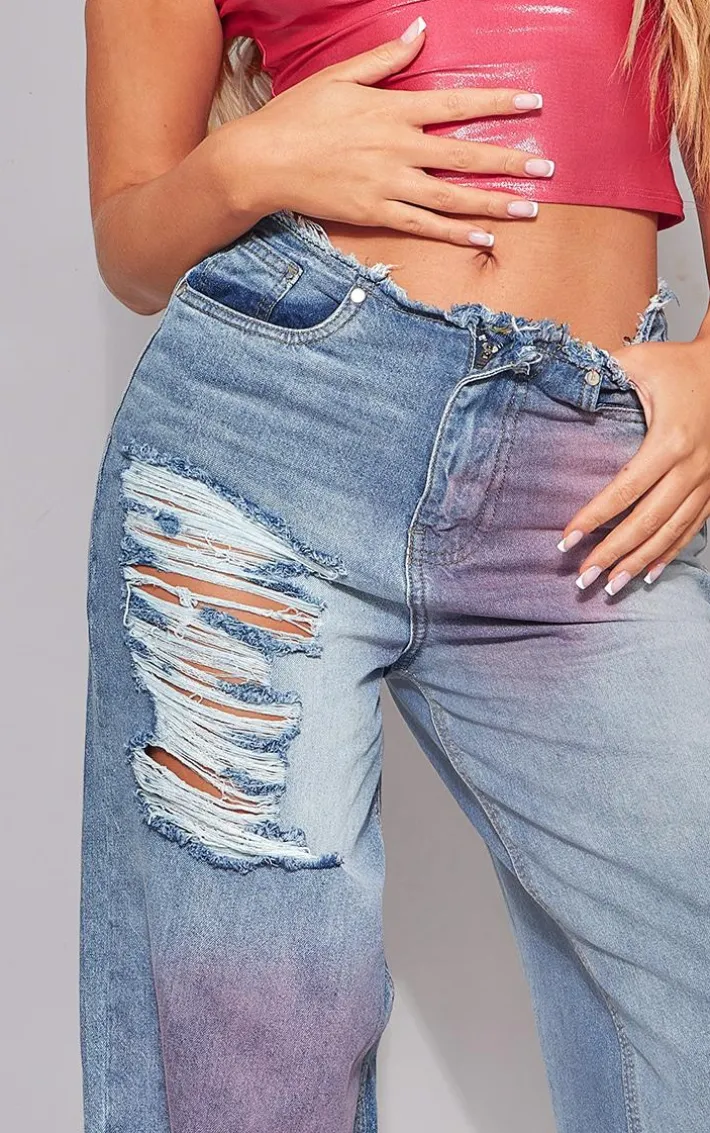 Pink Tint Vintage Wash Distressed Seam Detail Wide Leg Jeans