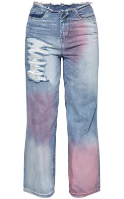 Pink Tint Vintage Wash Distressed Seam Detail Wide Leg Jeans