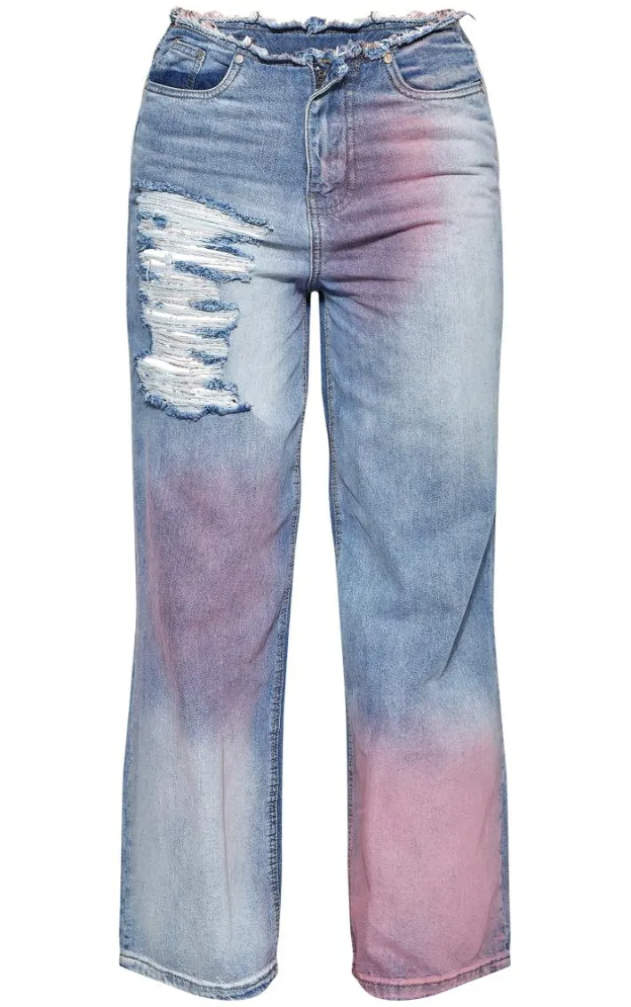 Pink Tint Vintage Wash Distressed Seam Detail Wide Leg Jeans