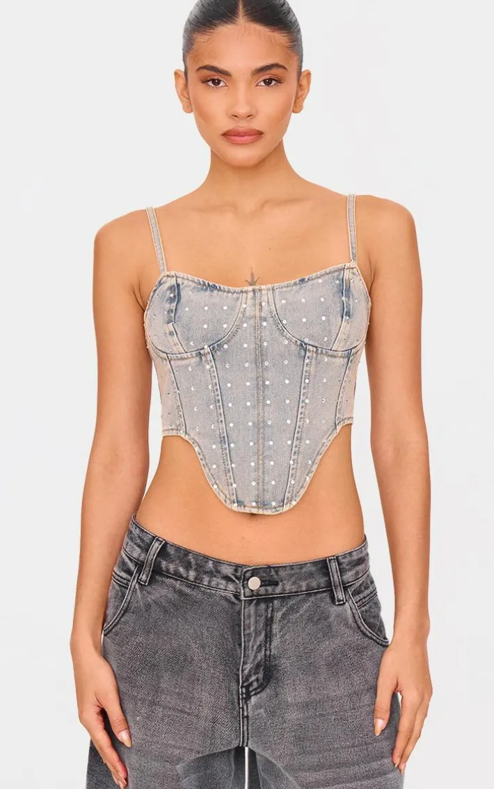 Pink Tint Vintage Wash Diamante Detail Curved Hem Denim Corset Top