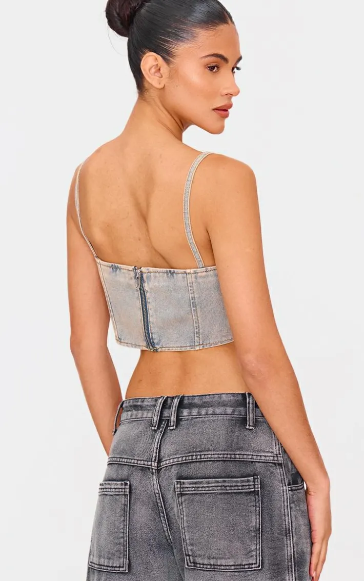 Pink Tint Vintage Wash Diamante Detail Curved Hem Denim Corset Top