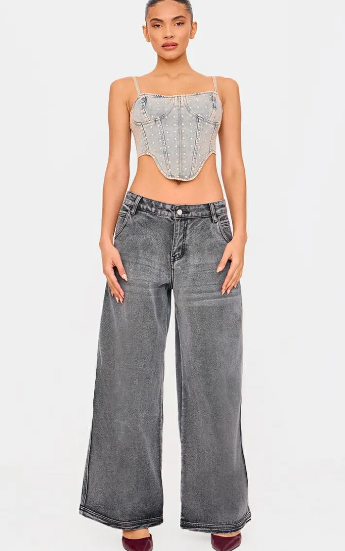 Pink Tint Vintage Wash Diamante Detail Curved Hem Denim Corset Top