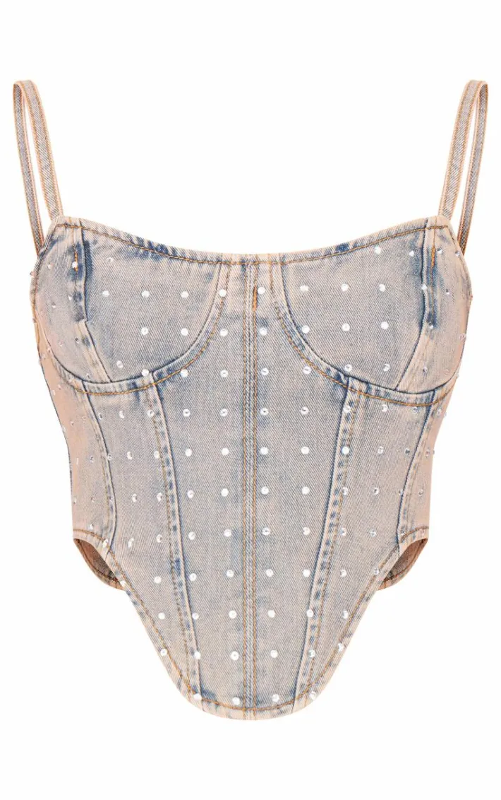 Pink Tint Vintage Wash Diamante Detail Curved Hem Denim Corset Top