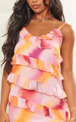Pink Watercolour Print Asymmetric Frill Strappy Shift Dress