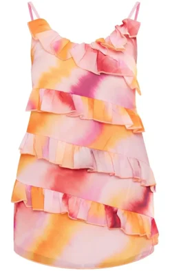 Pink Watercolour Print Asymmetric Frill Strappy Shift Dress