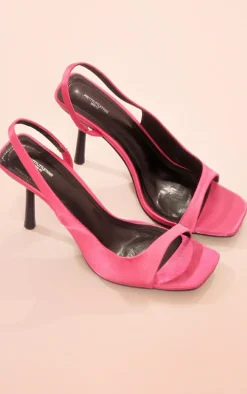Pink Wide Fit Satin Square Toe Asymmetric Heeled Sandals
