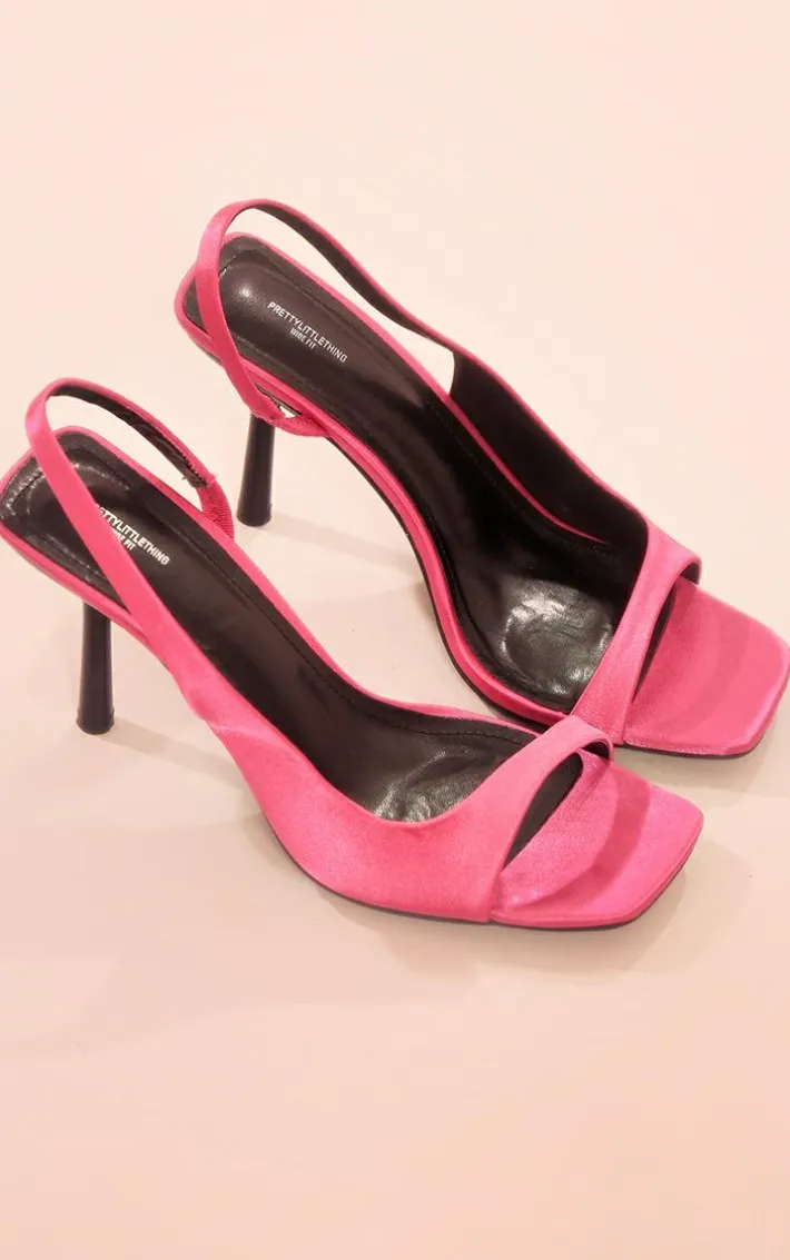 Pink Wide Fit Satin Square Toe Asymmetric Heeled Sandals
