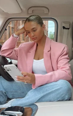 Pink Woven Oversized Curved Hem Boxy Blazer